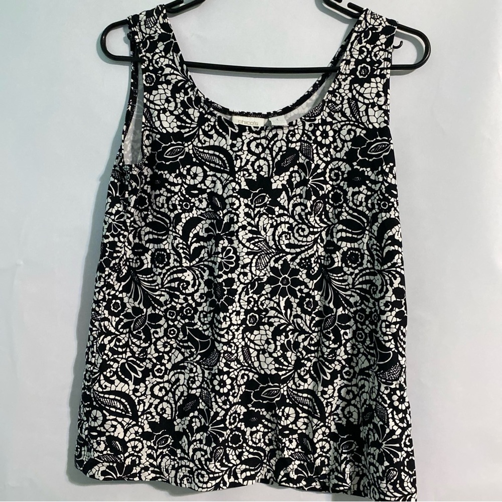 Chico's Black and White Floral Lace-Effect Tank